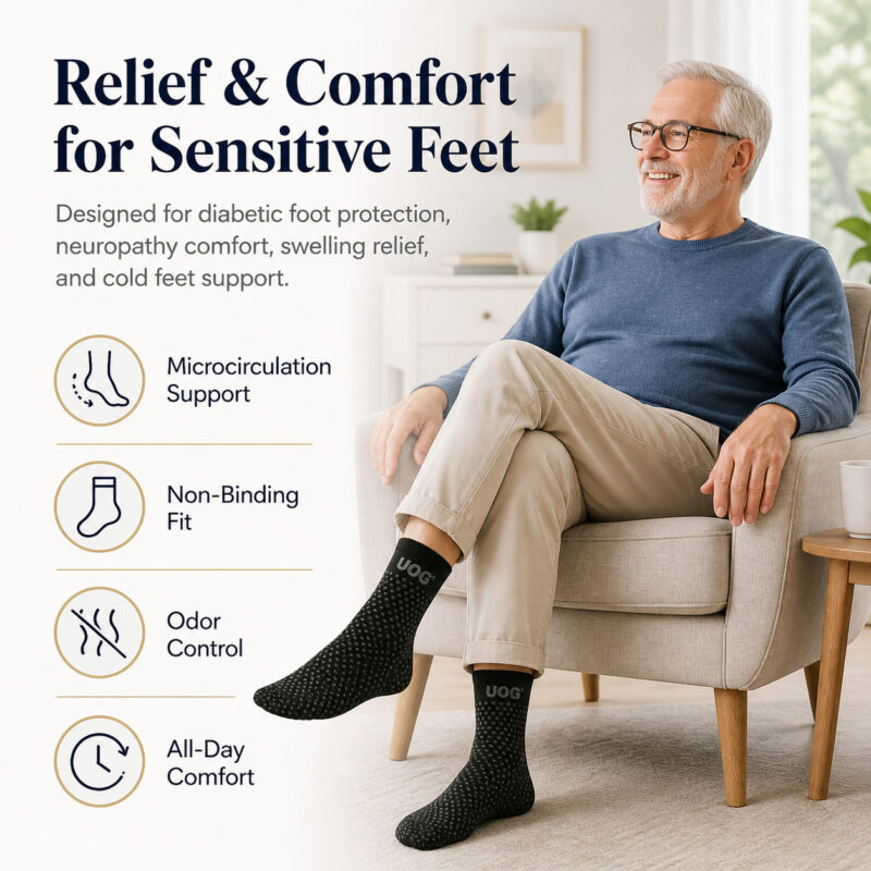UOG (United One) 5-in-All Wellness Diabetic Socks – Diabetic Foot Protection, Microcirculation Support, Neuropathy Comfort, Swelling & Cold Feet Relief, Injury Risk Reduction, Non-Slip Grip | Black Diamond Carbon & Nano Silver Technology | Made in USA