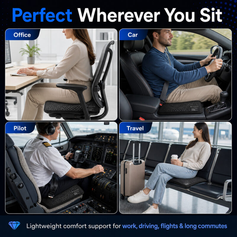 UOG (United One) 5-in-All Wellness Seat Pad – Lightweight Durable Cushion for Office, Car & Pilot Seating Comfort, Microcirculation Support, Pressure Relief, Hip, Tailbone, Lower Back & Sciatica Comfort | Black Diamond Carbon & Nano Silver Technology | Made in USA