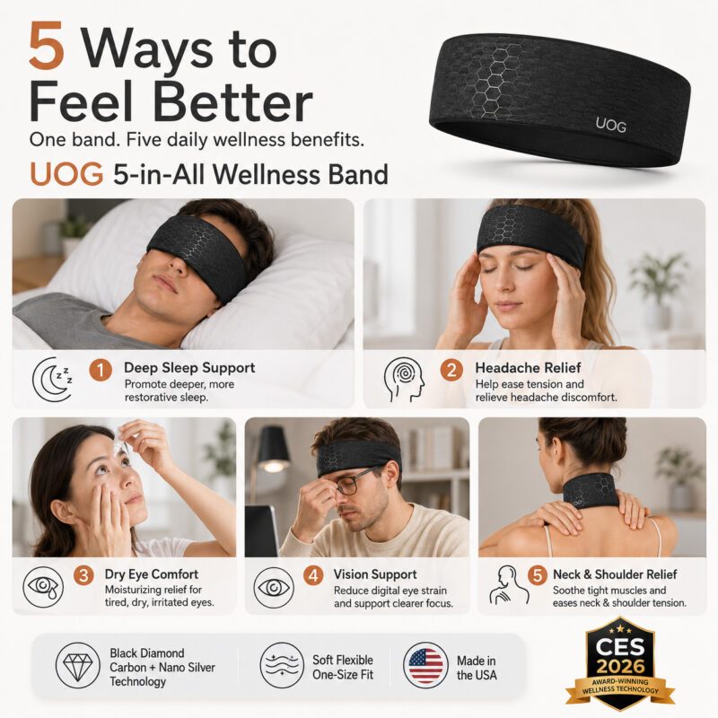 UOG (United One) 5-in-All Wellness Band – Deep Sleep Support, Headache Relief, Dry Eye & Digital Eye Strain Comfort, Vision Support, Neck & Shoulder Relief | Black Diamond Carbon & Nano Silver Technology | Soft Flexible One-Size Fit | Made in the USA